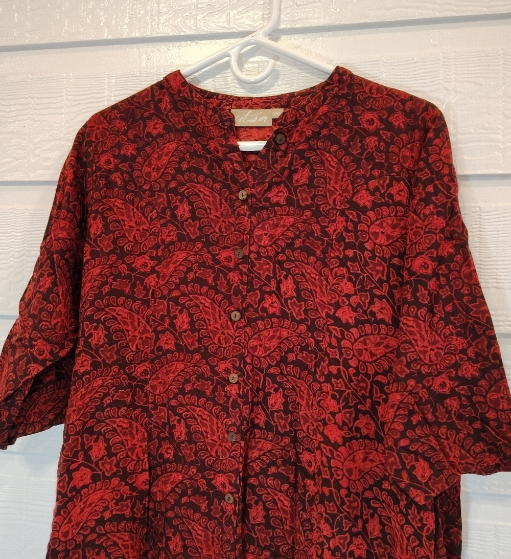 UTSA Woman XXL Button Up Shirt Dress Elbow Sleeves Paisley Print 100% Viscose - Picture 2 of 5
